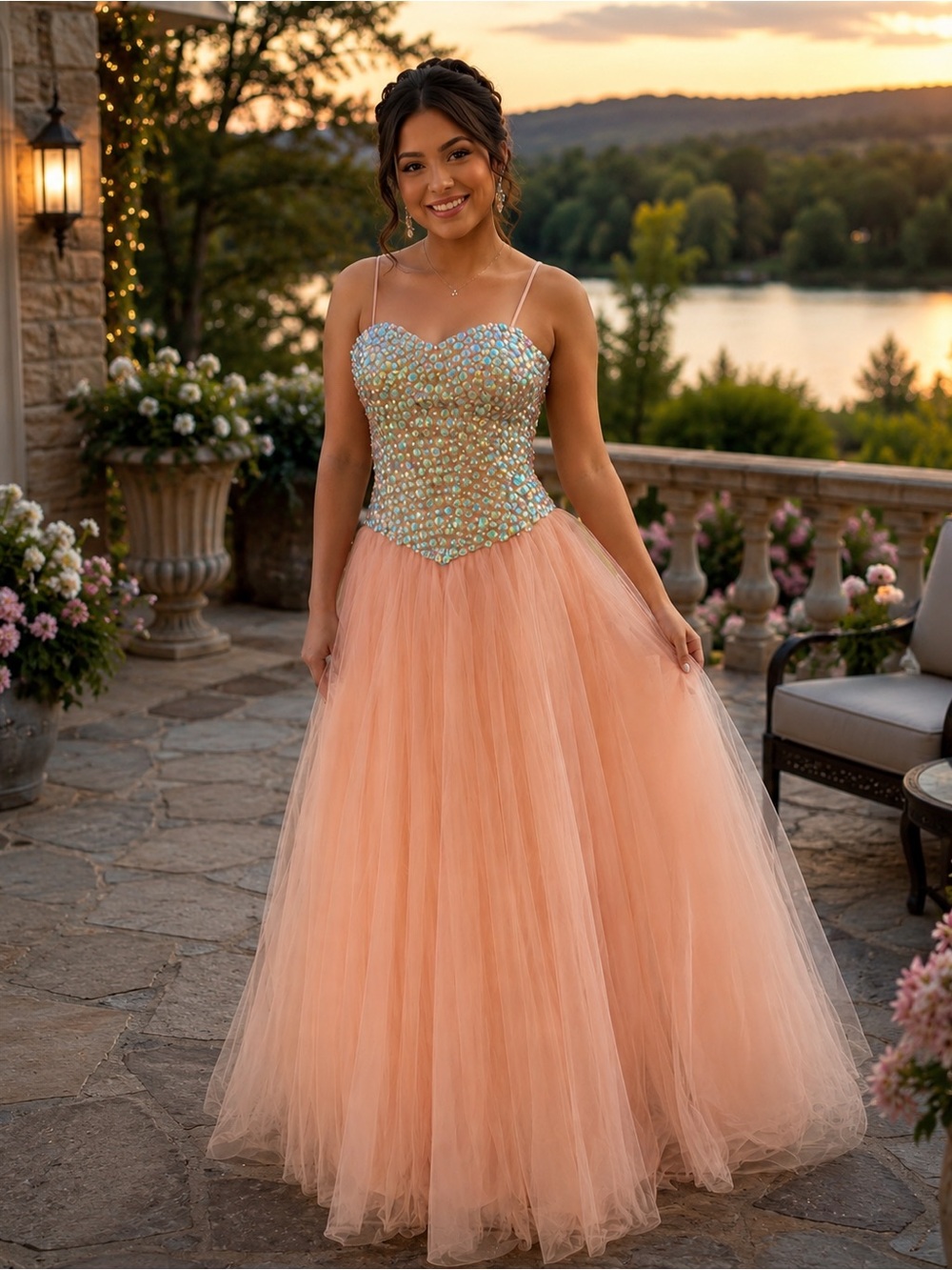 Peach Beaded Sweetheart Tulle Prom Dress